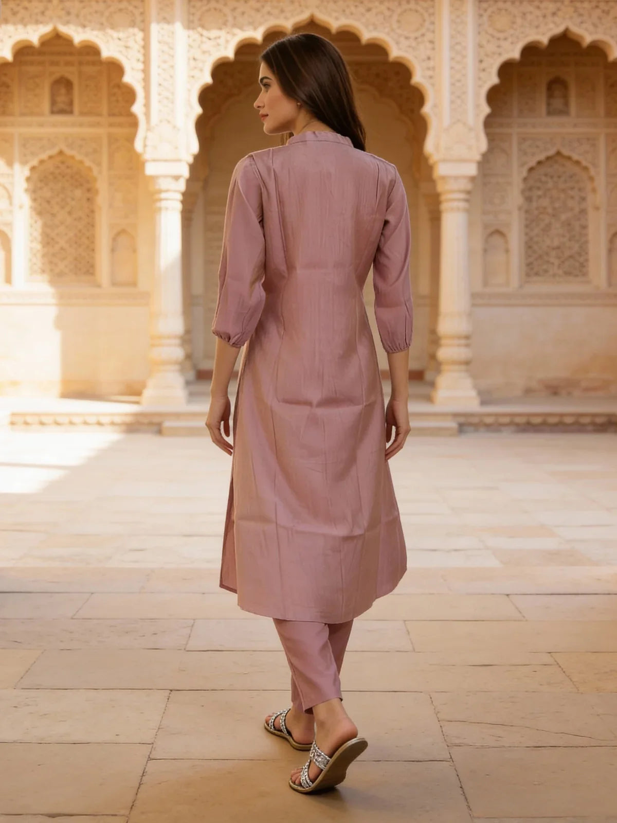 Buy Poly Viscose Embroidered A-Line Calf Length Kurta and Pant with Dupatta-Lavender