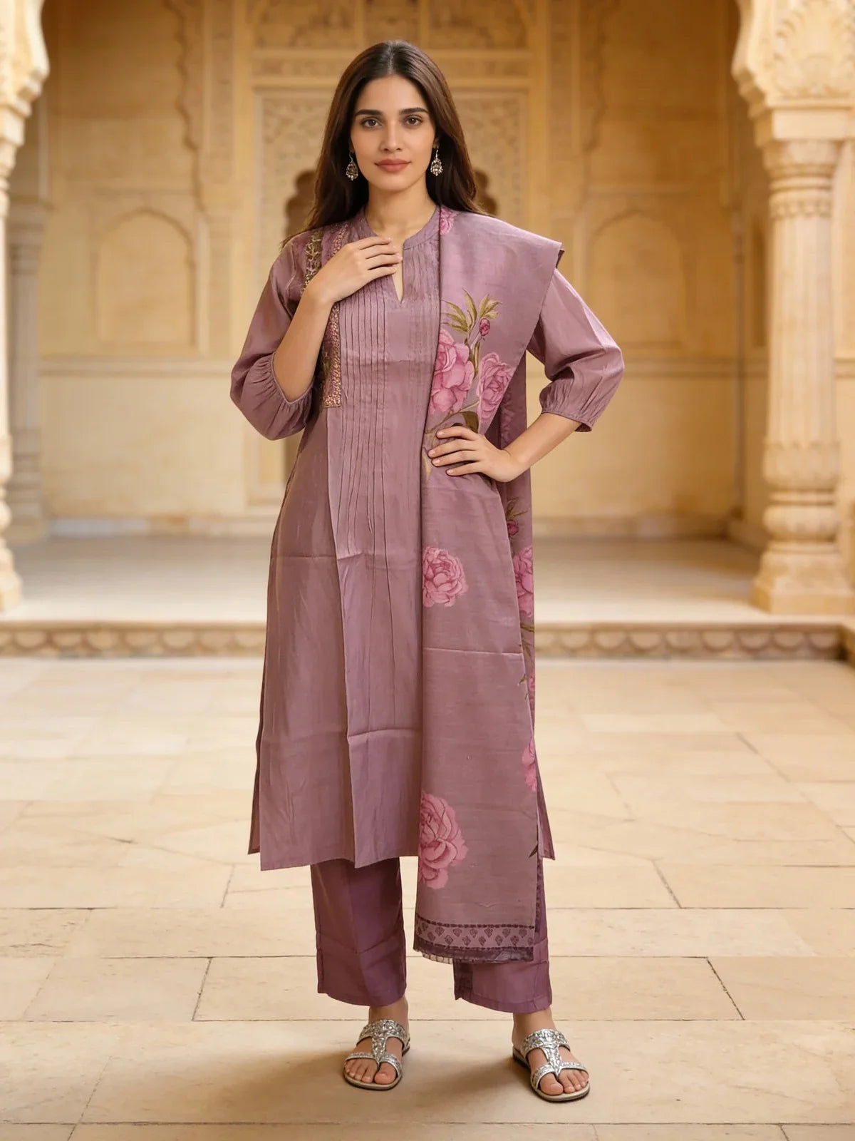 Buy Poly Viscose Embroidered A-Line Calf Length Kurta and Pant with Dupatta-Lavender