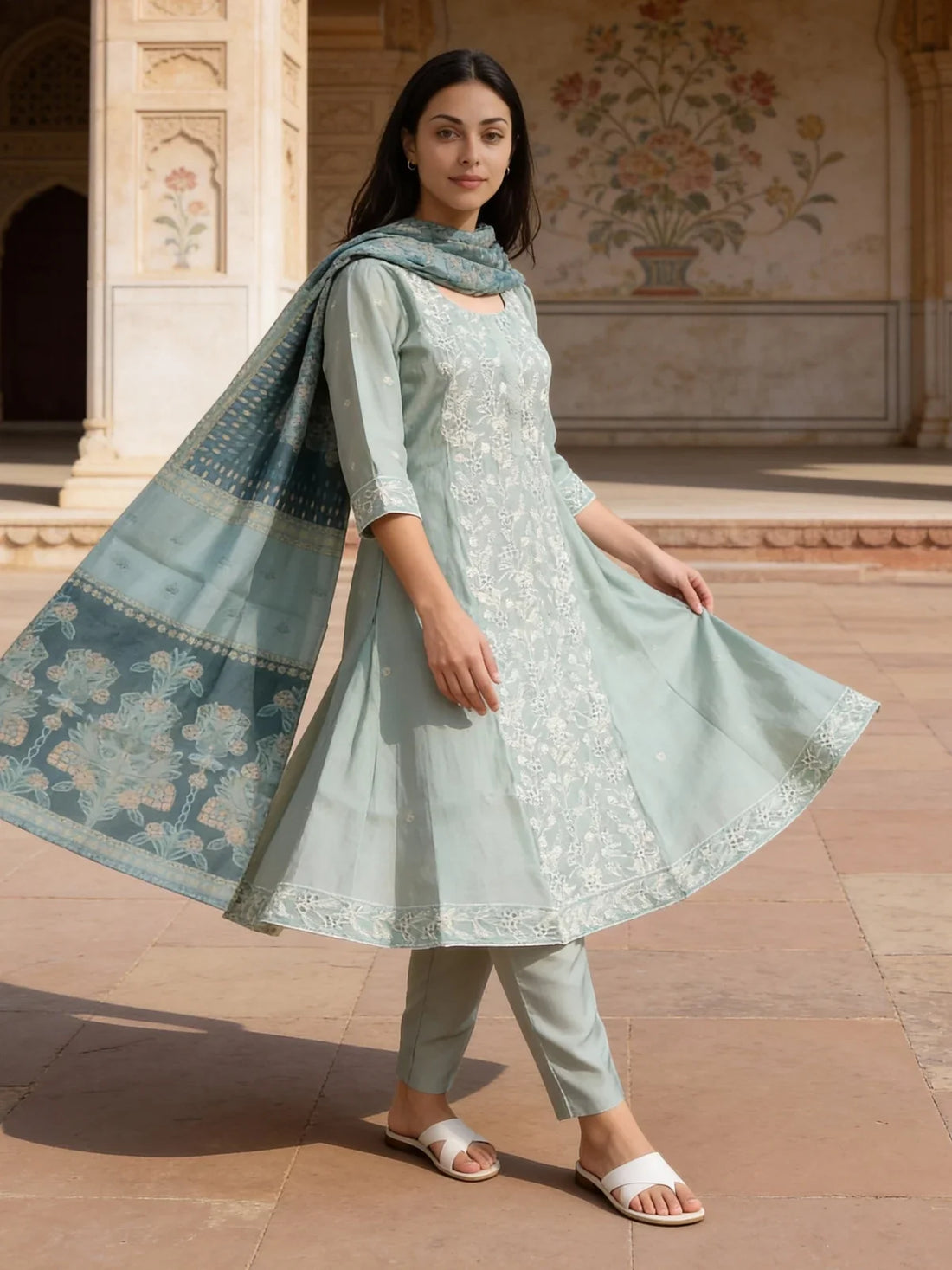 Buy Chanderi Embroidered Anarkali Calf Length Kurta with Pant and Dupatta-Blue