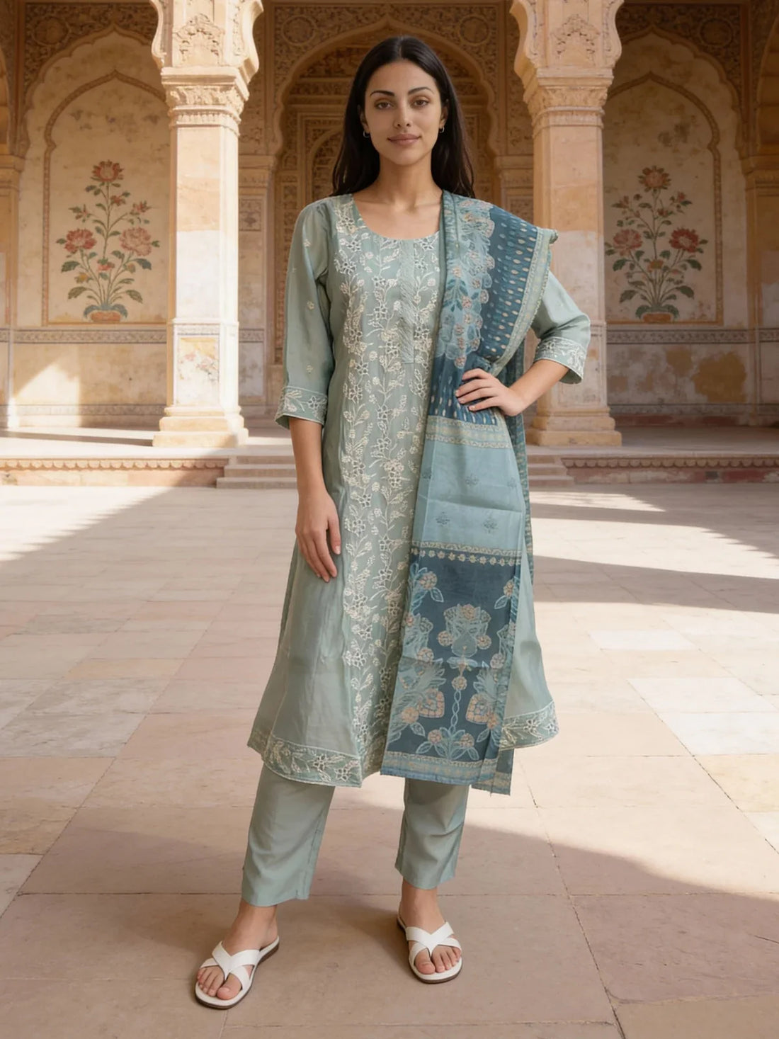 Buy Chanderi Embroidered Anarkali Calf Length Kurta with Pant and Dupatta-Blue