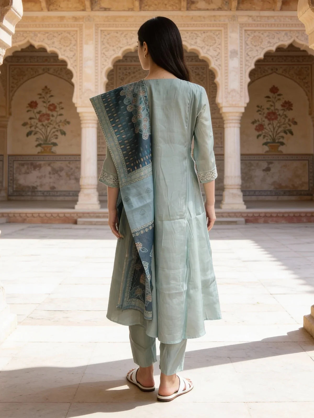 Buy Chanderi Embroidered Anarkali Calf Length Kurta with Pant and Dupatta-Blue