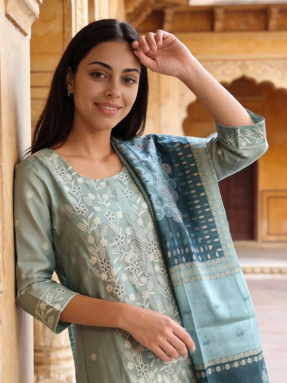 Buy Chanderi Embroidered Anarkali Calf Length Kurta with Pant and Dupatta-Blue