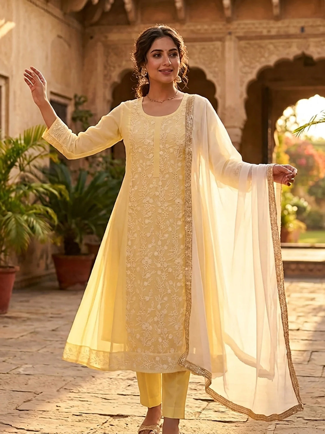 Buy Chanderi Embroidered  Anarkali Calf Length Kurta With Pant and Dupatta-Yellow