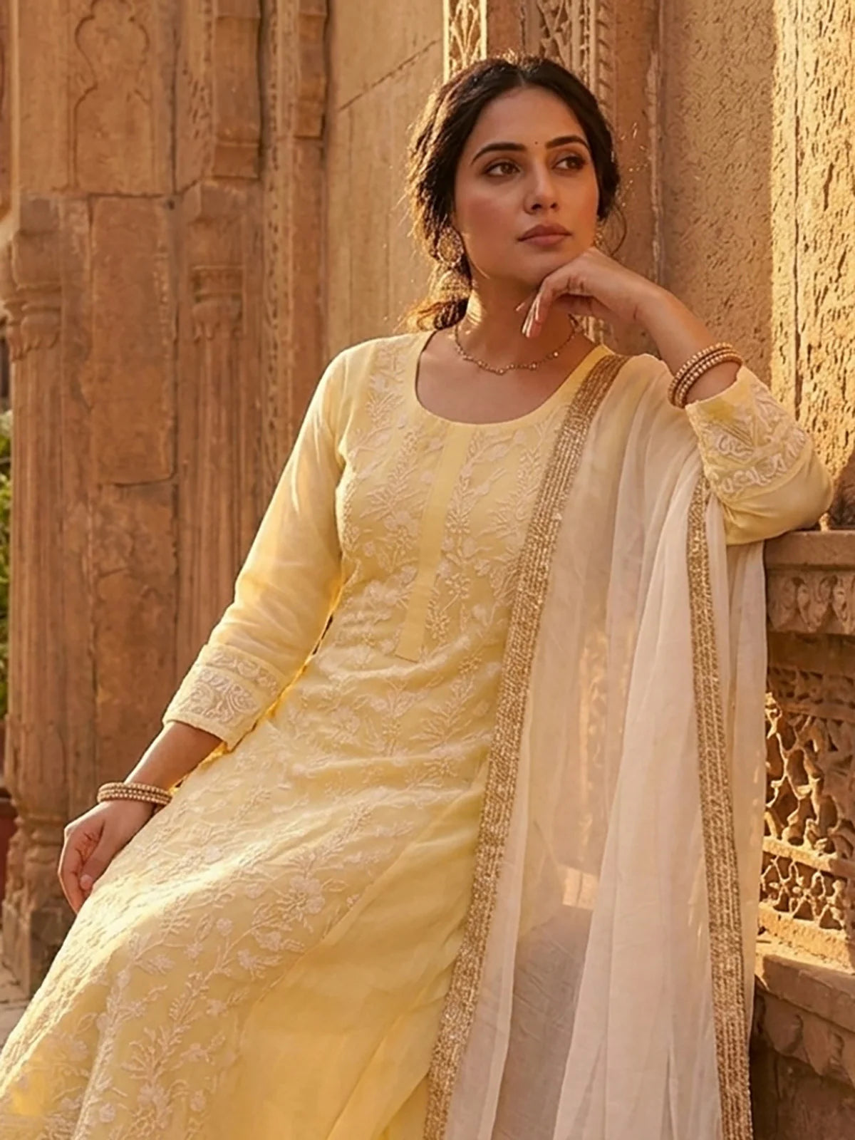 Buy Chanderi Embroidered  Anarkali Calf Length Kurta With Pant and Dupatta-Yellow