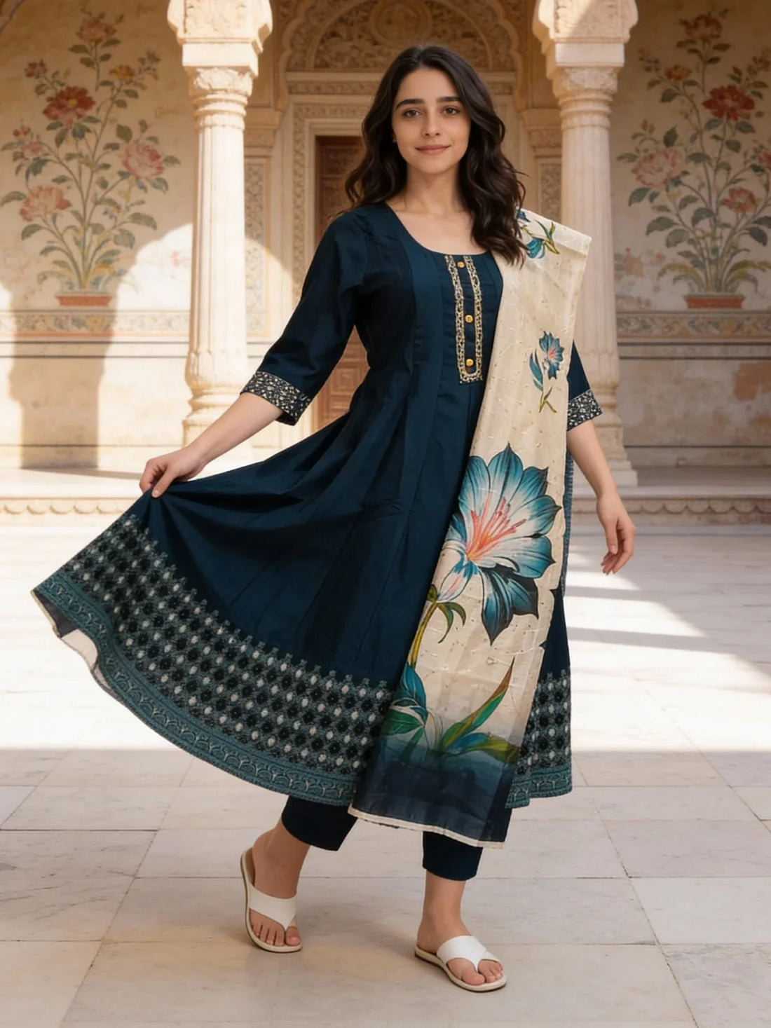Buy Poly Viscose Embroidered Anarkali Calf Length Kurta and Pant with Dupatta-Teal