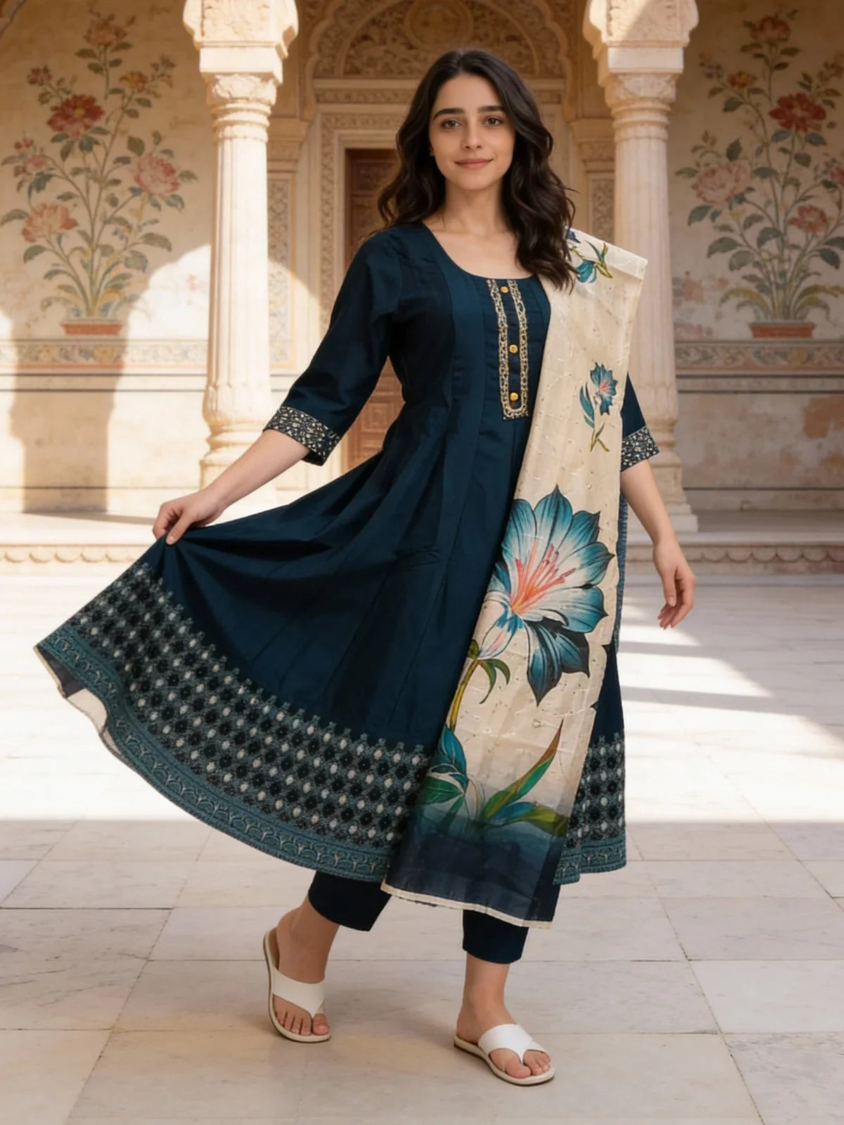 Buy Poly Viscose Embroidered Anarkali Calf Length Kurta and Pant with Dupatta-Teal