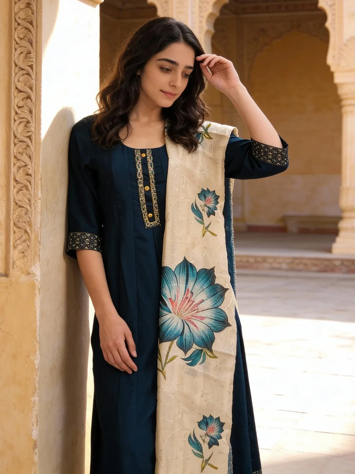 Buy Poly Viscose Embroidered Anarkali Calf Length Kurta and Pant with Dupatta-Teal