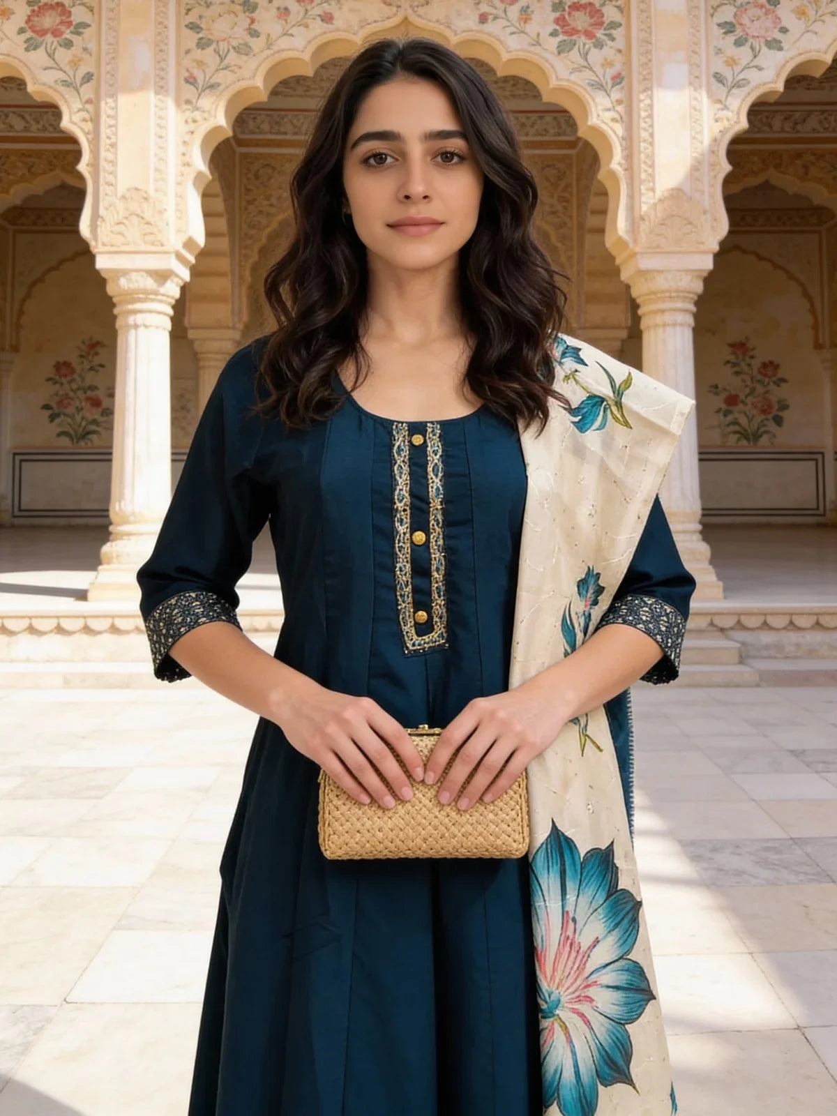 Buy Poly Viscose Embroidered Anarkali Calf Length Kurta and Pant with Dupatta-Teal