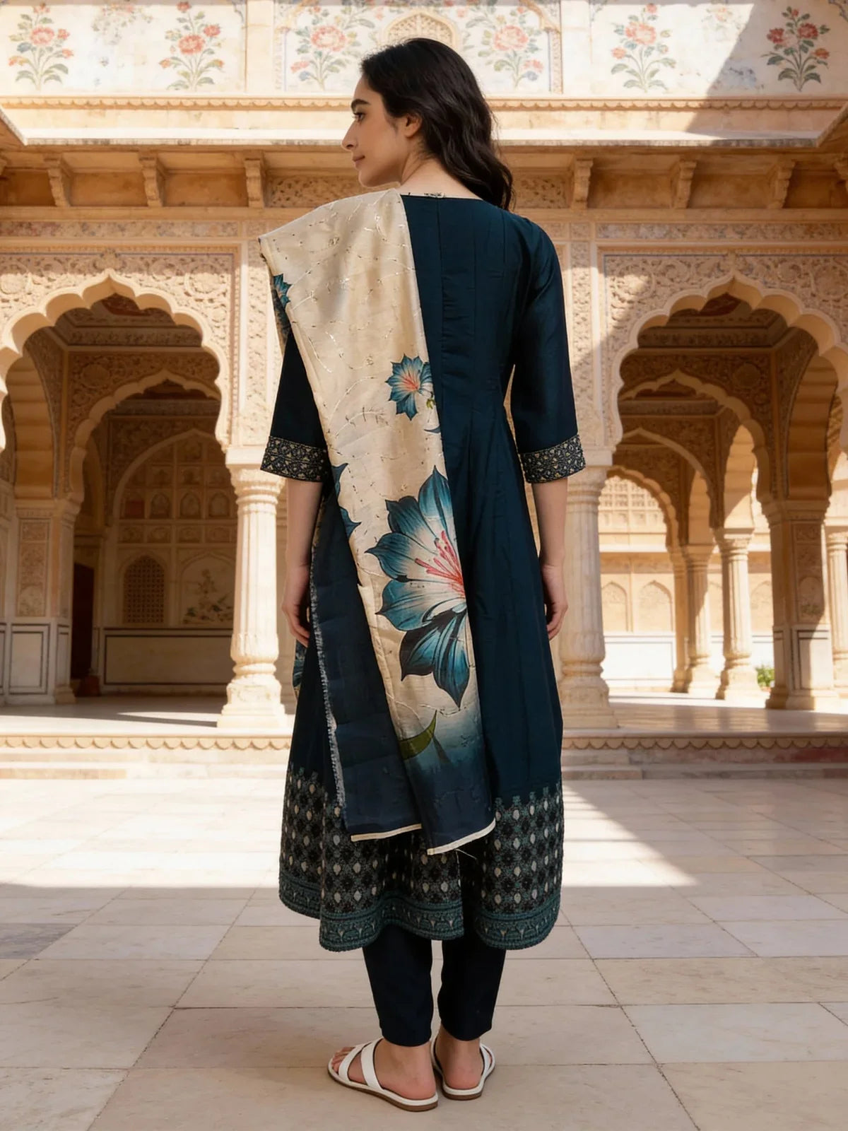 Buy Poly Viscose Embroidered Anarkali Calf Length Kurta and Pant with Dupatta-Teal