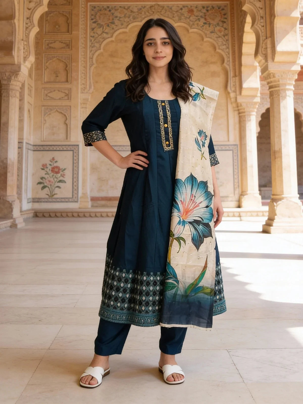 Buy Poly Viscose Embroidered Anarkali Calf Length Kurta and Pant with Dupatta-Teal