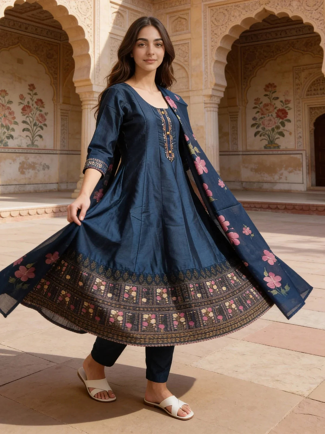 Buy Poly Viscose Embroidered Anarkali Calf Length Kurta with Pant and Dupatta-Blue