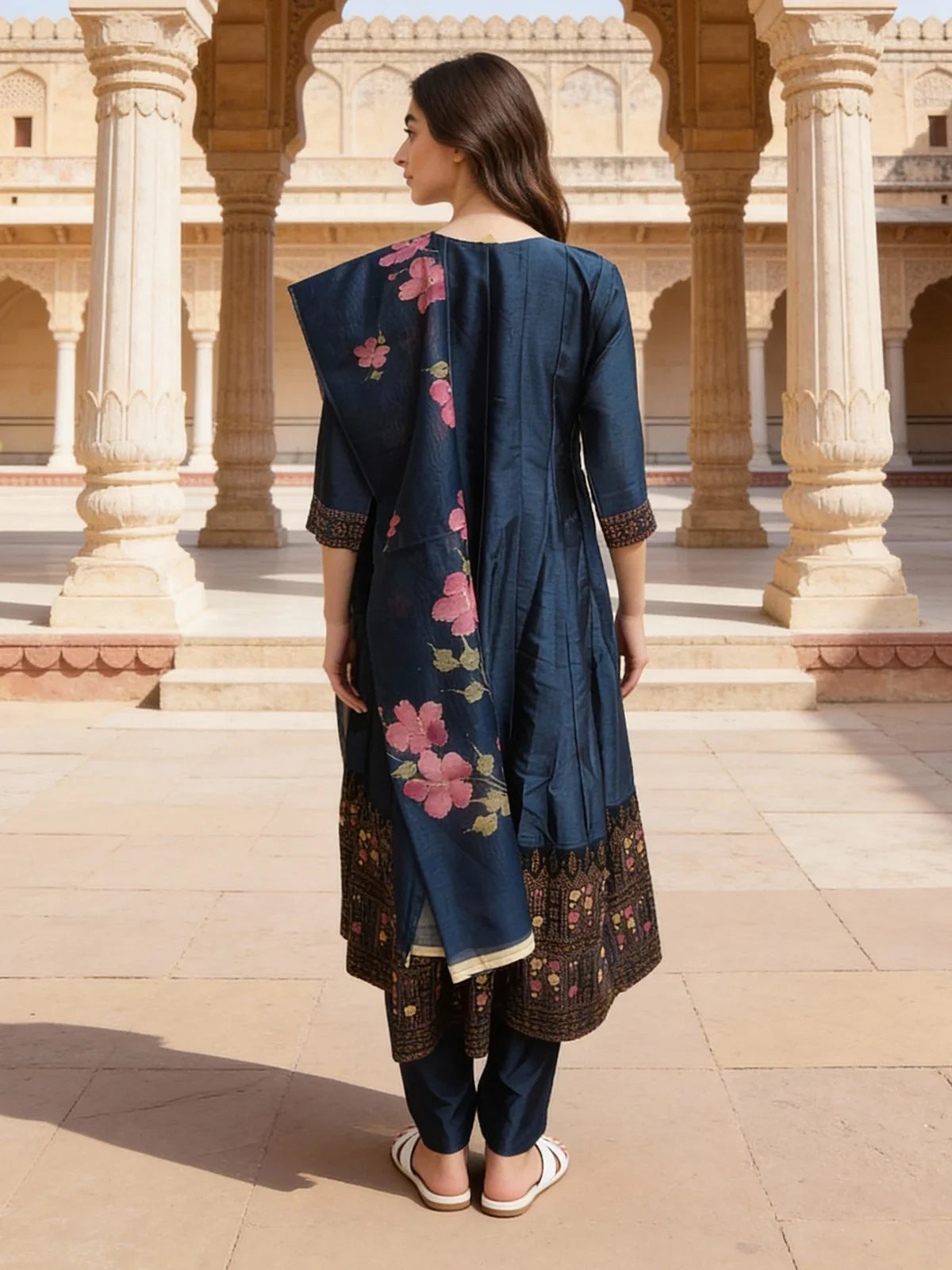 Buy Poly Viscose Embroidered Anarkali Calf Length Kurta with Pant and Dupatta-Blue