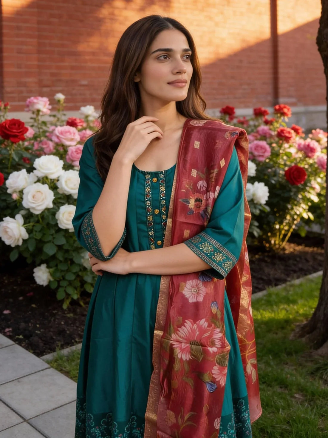 Buy Poly Viscose Embroidered Anarkali Calf Length Kurta with Pant and Dupatta-Turquoise