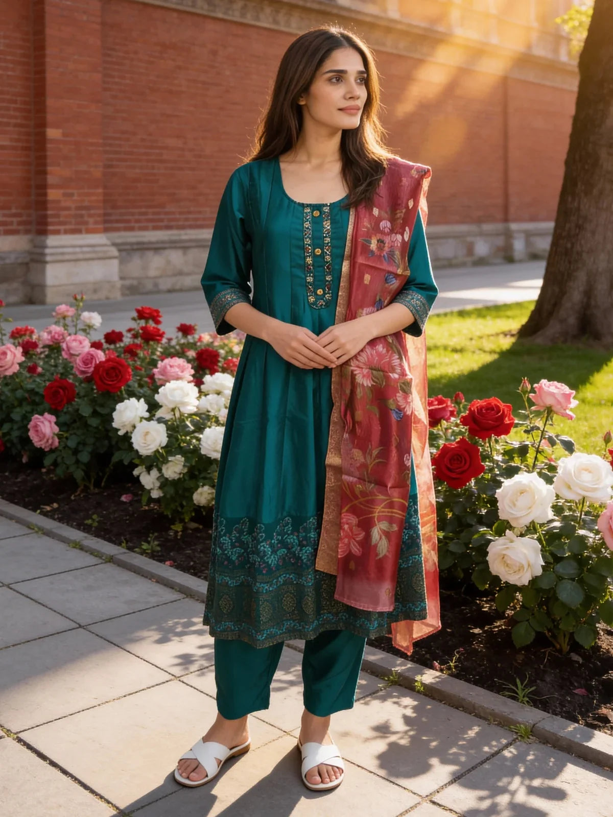 Buy Poly Viscose Embroidered Anarkali Calf Length Kurta with Pant and Dupatta-Turquoise