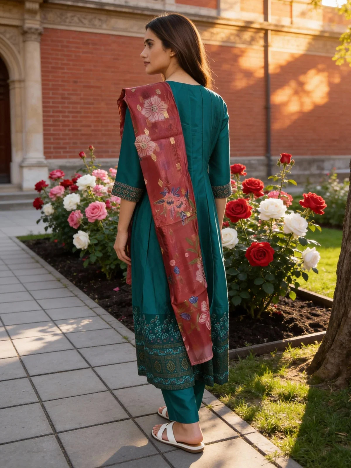 Buy Poly Viscose Embroidered Anarkali Calf Length Kurta with Pant and Dupatta-Turquoise