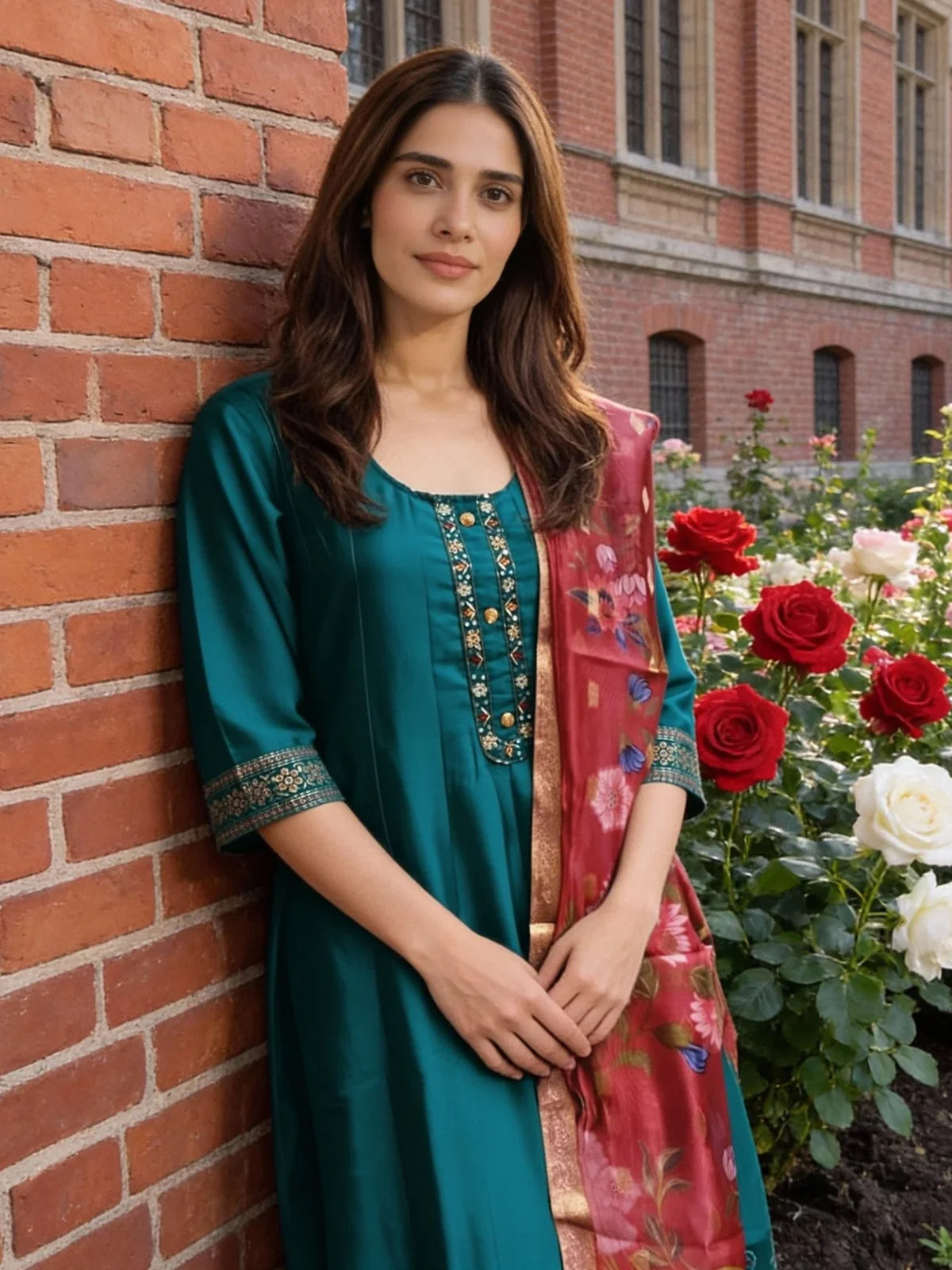 Buy Poly Viscose Embroidered Anarkali Calf Length Kurta with Pant and Dupatta-Turquoise