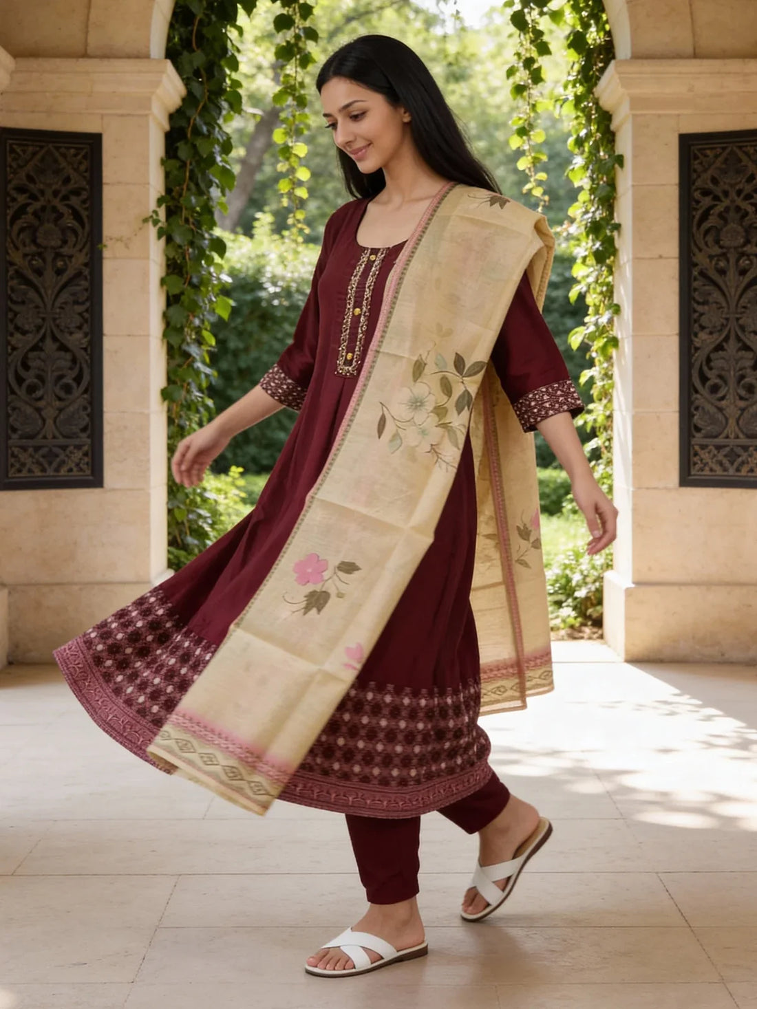 Buy Poly Viscose Embroidered Anarkali Calf Length Kurta with Pant and Dupatta-Maroon