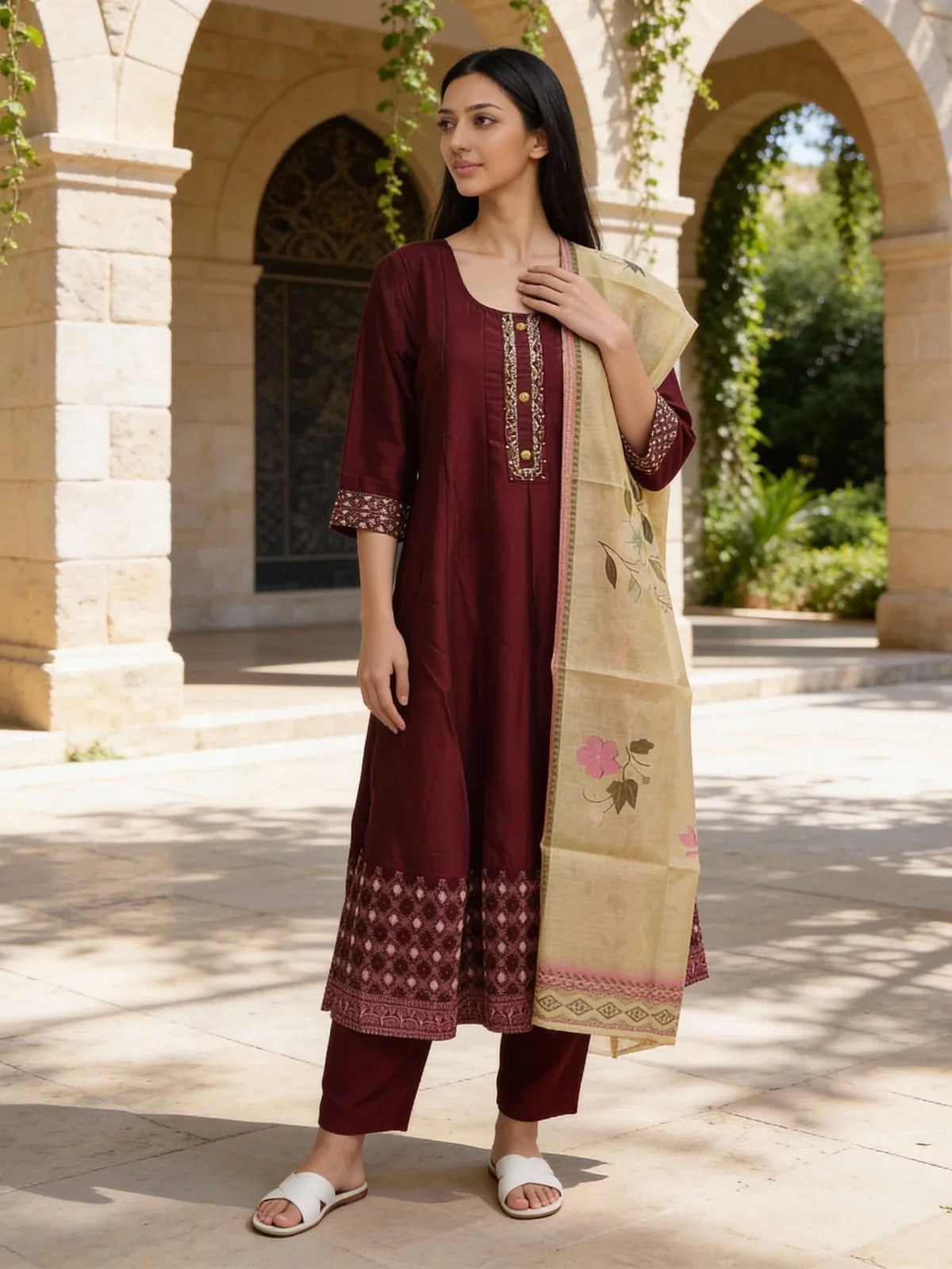 Buy Poly Viscose Embroidered Anarkali Calf Length Kurta with Pant and Dupatta-Maroon