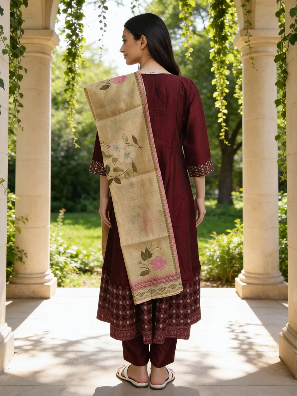 Buy Poly Viscose Embroidered Anarkali Calf Length Kurta with Pant and Dupatta-Maroon
