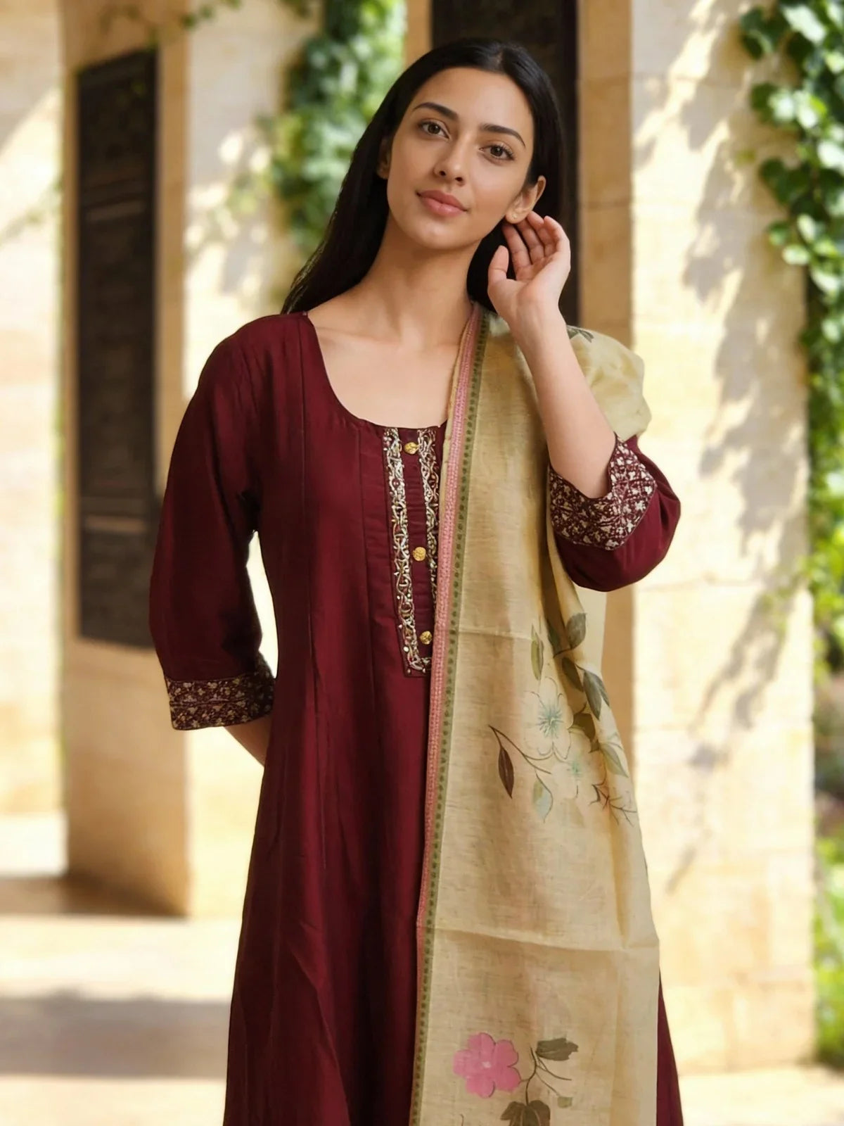Buy Poly Viscose Embroidered Anarkali Calf Length Kurta with Pant and Dupatta-Maroon