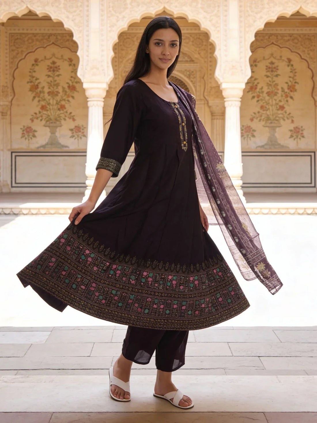 Buy Poly Viscose Embroidered Anarkali Calf Length Kurta with Pant and Dupatta-Wine