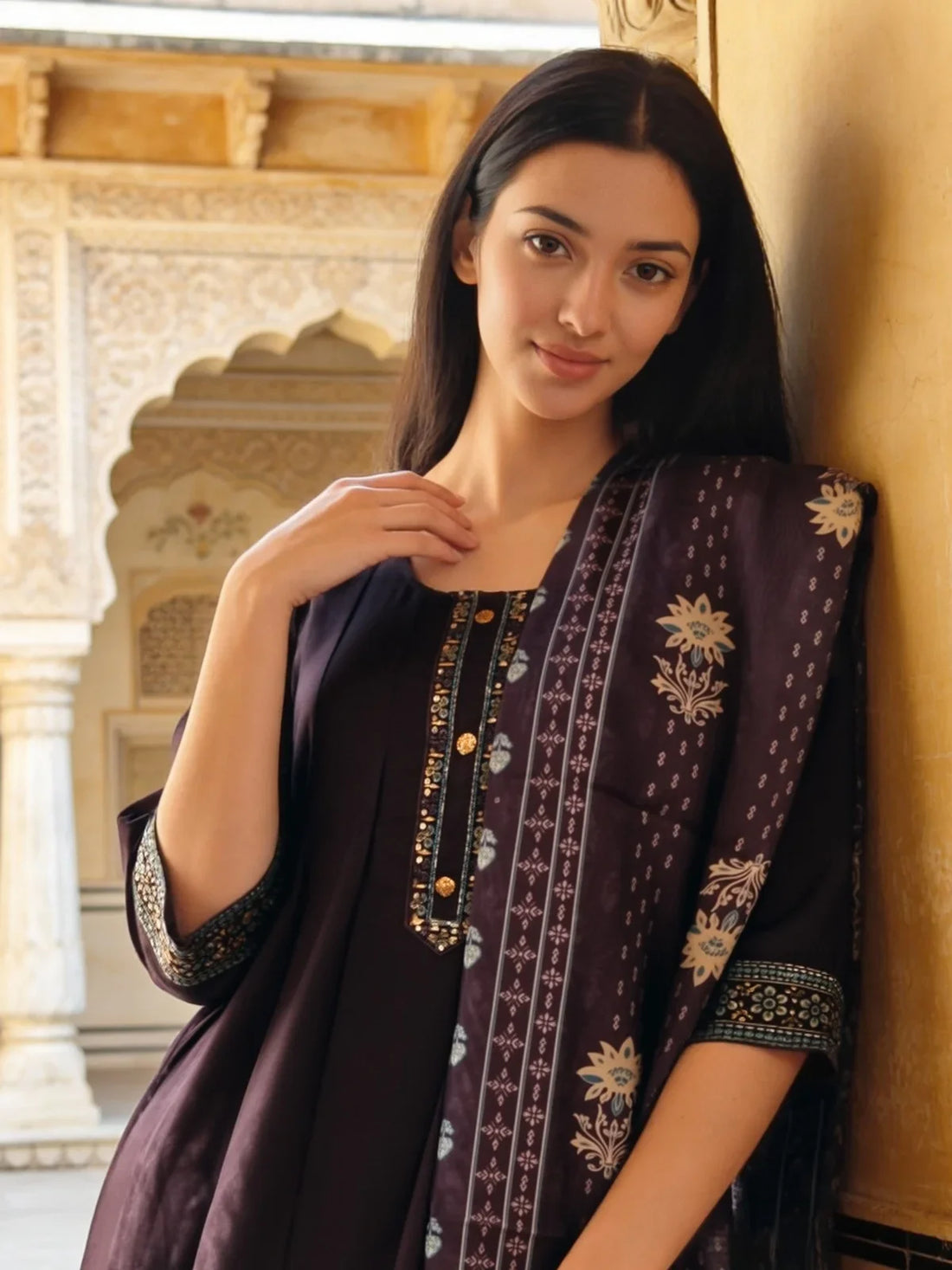 Buy Poly Viscose Embroidered Anarkali Calf Length Kurta with Pant and Dupatta-Wine