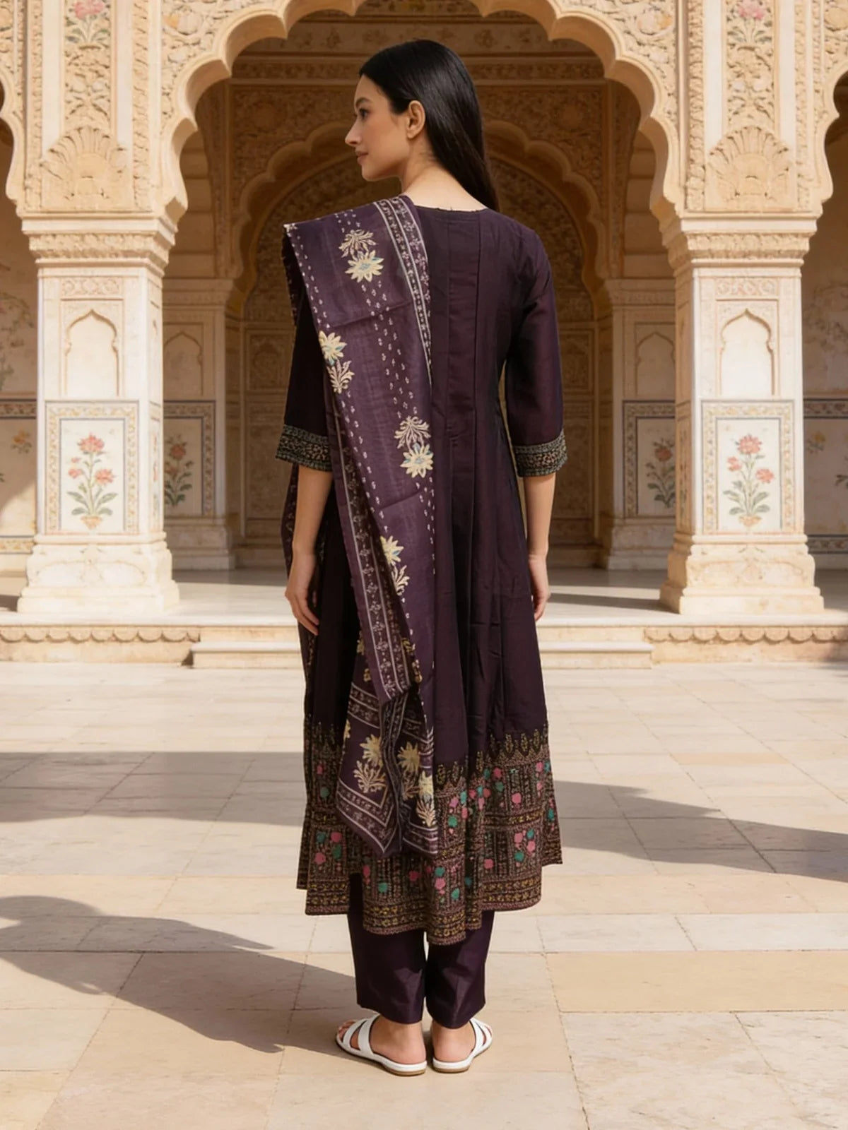 Buy Poly Viscose Embroidered Anarkali Calf Length Kurta with Pant and Dupatta-Wine