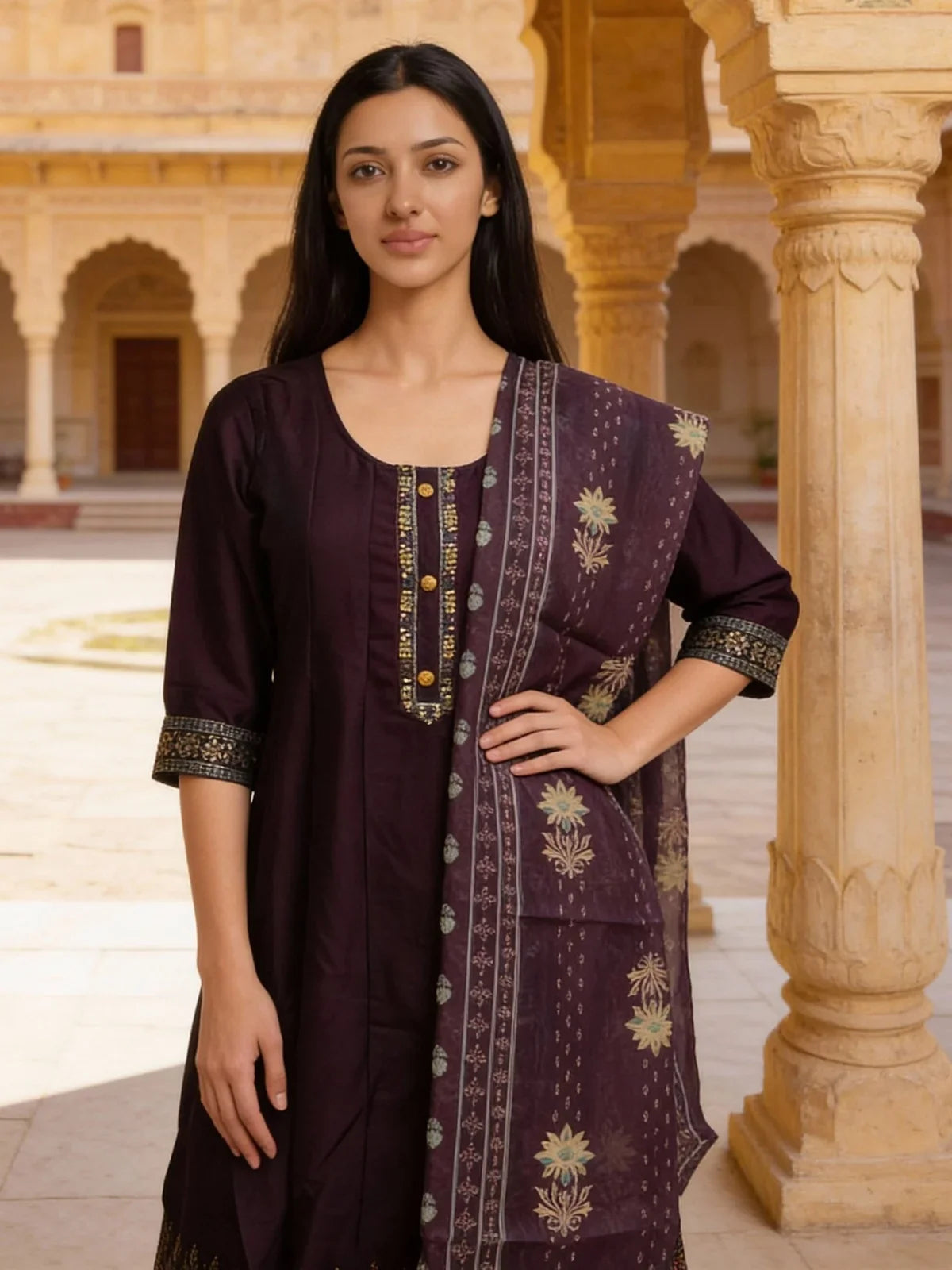 Buy Poly Viscose Embroidered Anarkali Calf Length Kurta with Pant and Dupatta-Wine