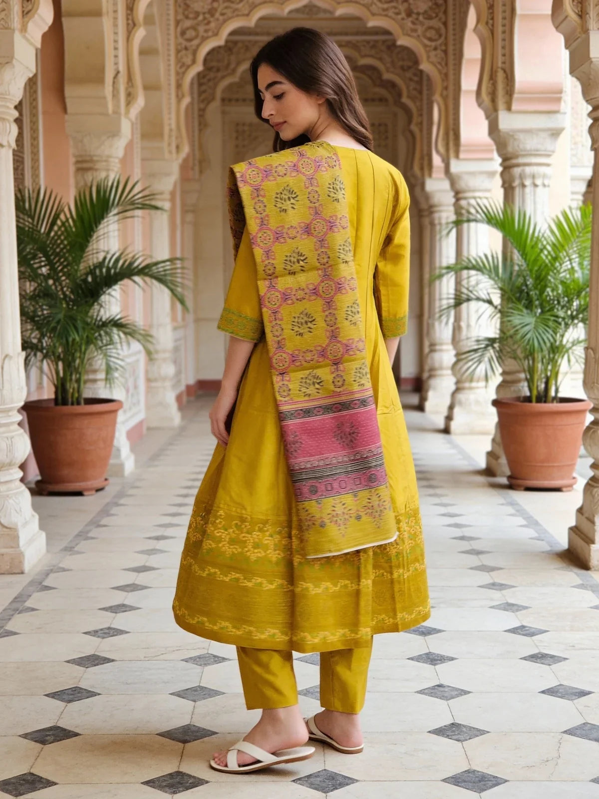 Buy Poly Viscose Embroidered Anarkali Calf Length Kurta and Pant with Dupatta-Yellow