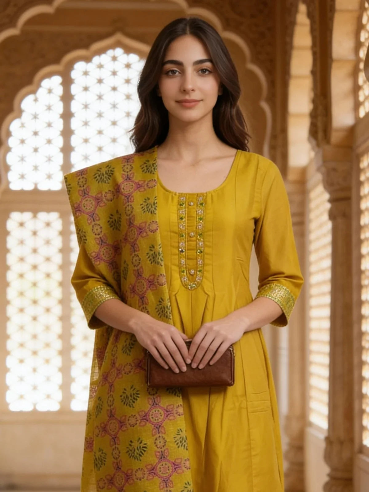 Buy Poly Viscose Embroidered Anarkali Calf Length Kurta and Pant with Dupatta-Yellow