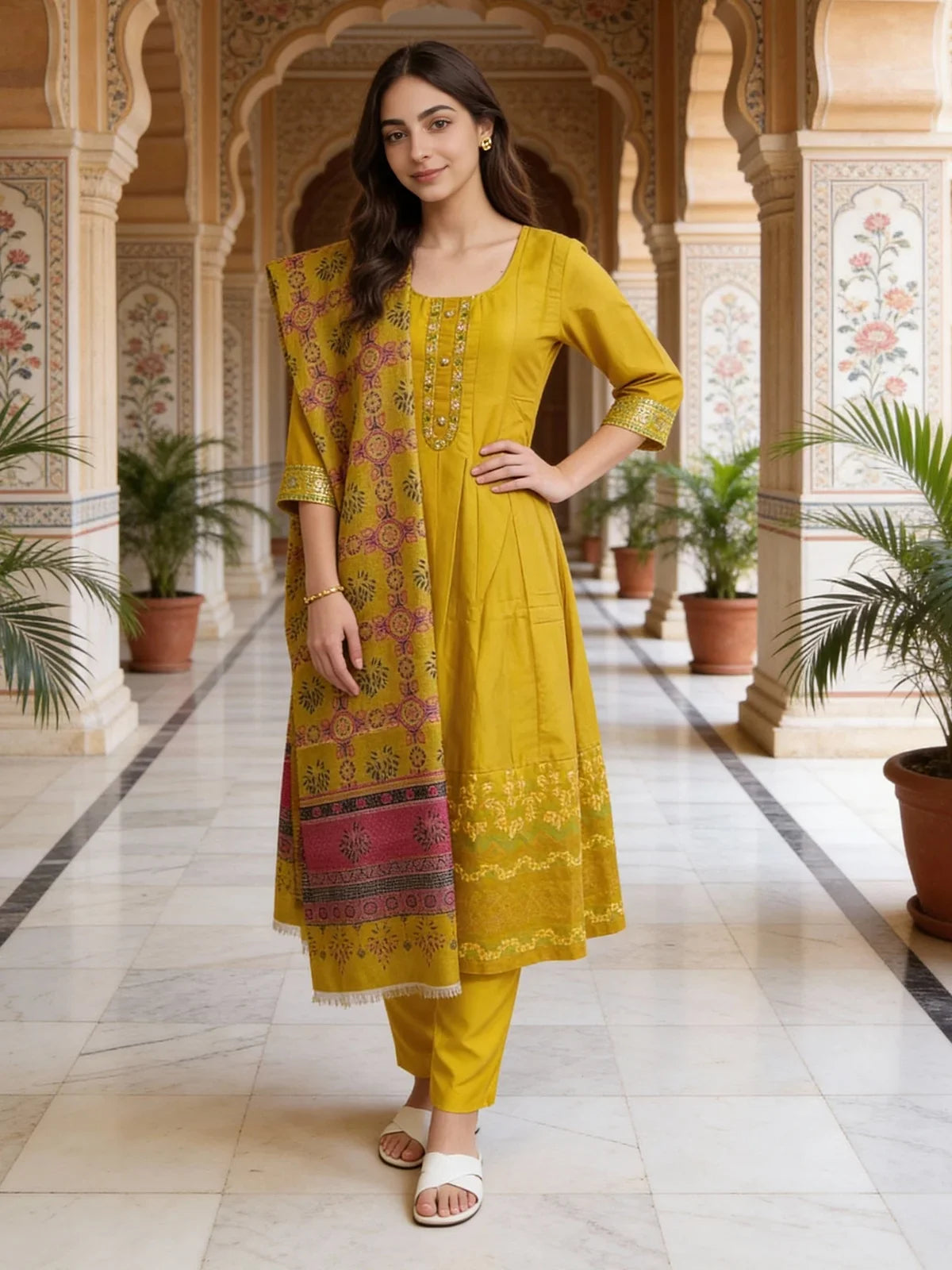 Buy Poly Viscose Embroidered Anarkali Calf Length Kurta and Pant with Dupatta-Yellow