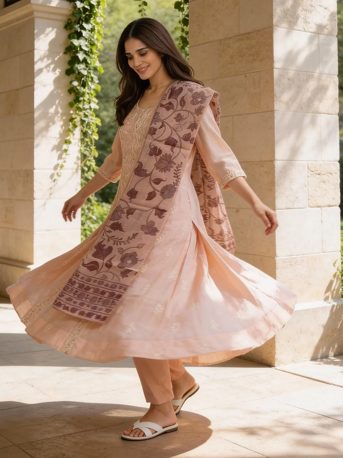 Buy Chanderi Embroidered Anarkali Calf Length Kurta with Pant and Dupatta-Peach