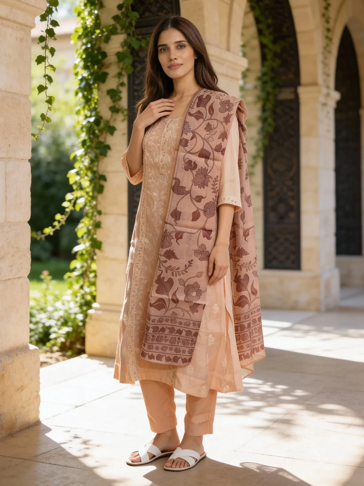 Buy Chanderi Embroidered Anarkali Calf Length Kurta with Pant and Dupatta-Peach