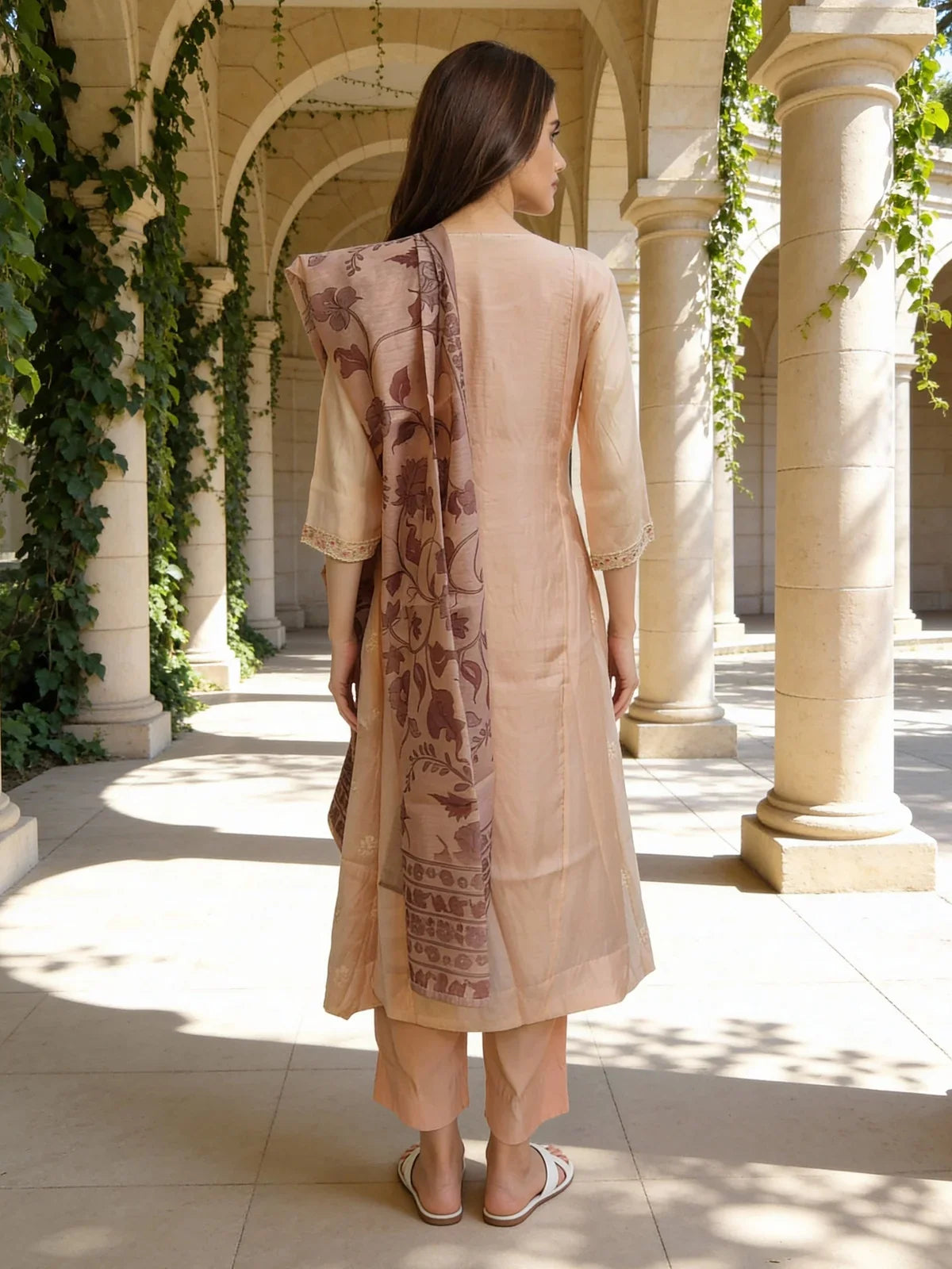 Buy Chanderi Embroidered Anarkali Calf Length Kurta with Pant and Dupatta-Peach