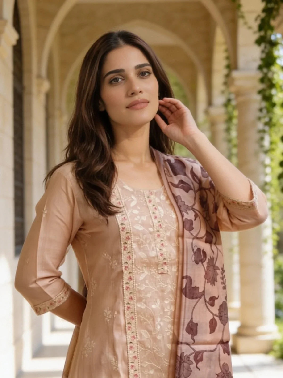 Buy Chanderi Embroidered Anarkali Calf Length Kurta with Pant and Dupatta-Peach