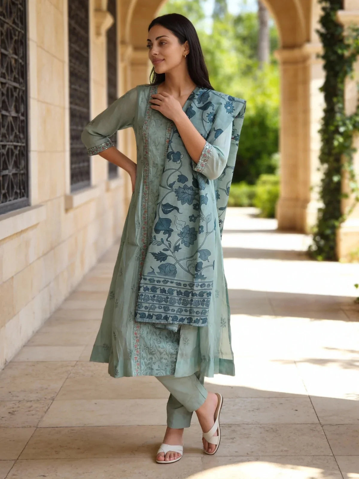 Buy Chanderi Embroidered Anarkali Calf Length Kurta with Pant and Dupatta-Blue