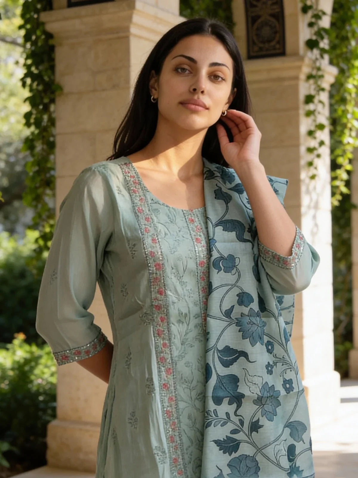 Buy Chanderi Embroidered Anarkali Calf Length Kurta with Pant and Dupatta-Blue