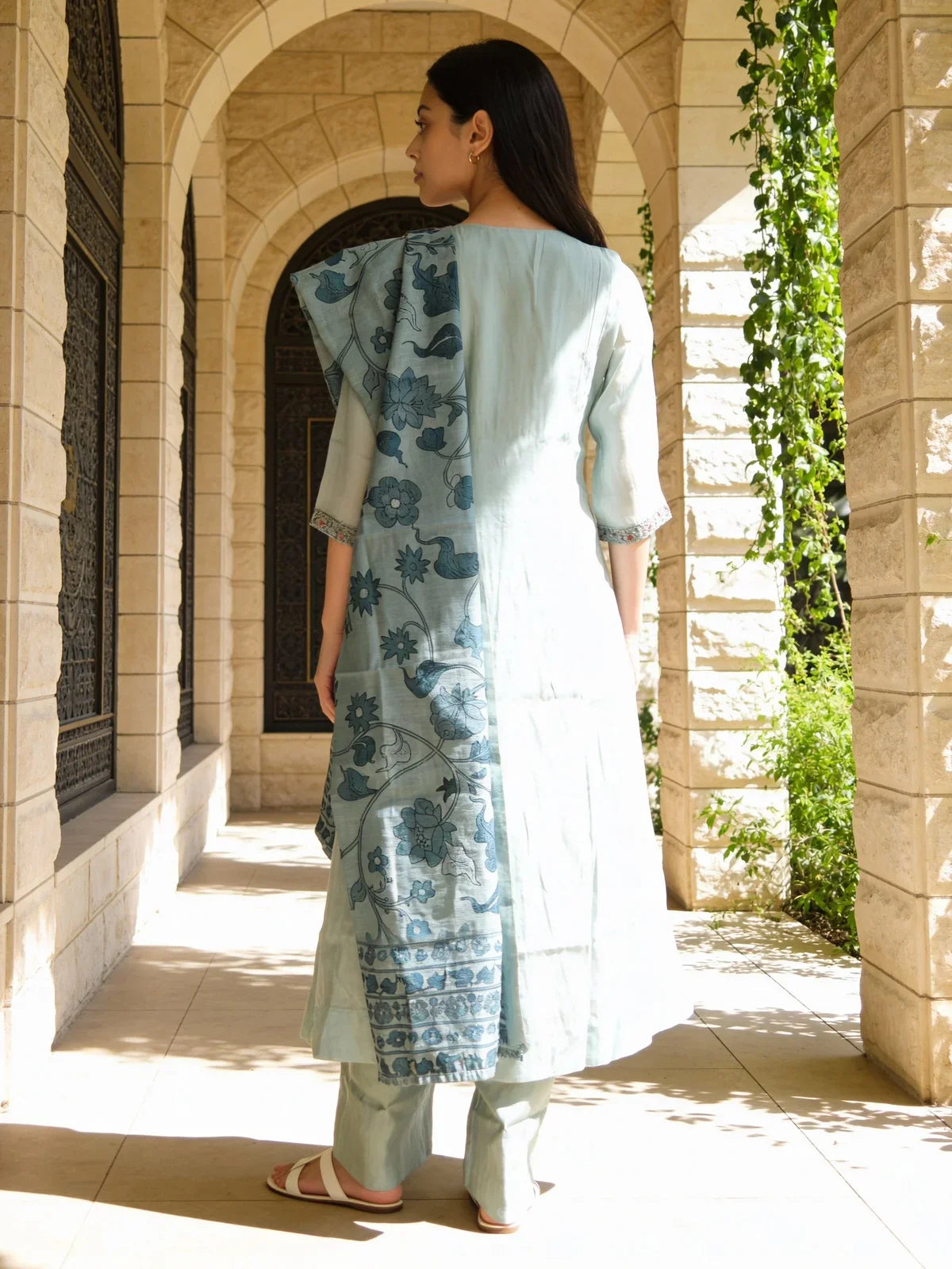 Buy Chanderi Embroidered Anarkali Calf Length Kurta with Pant and Dupatta-Blue