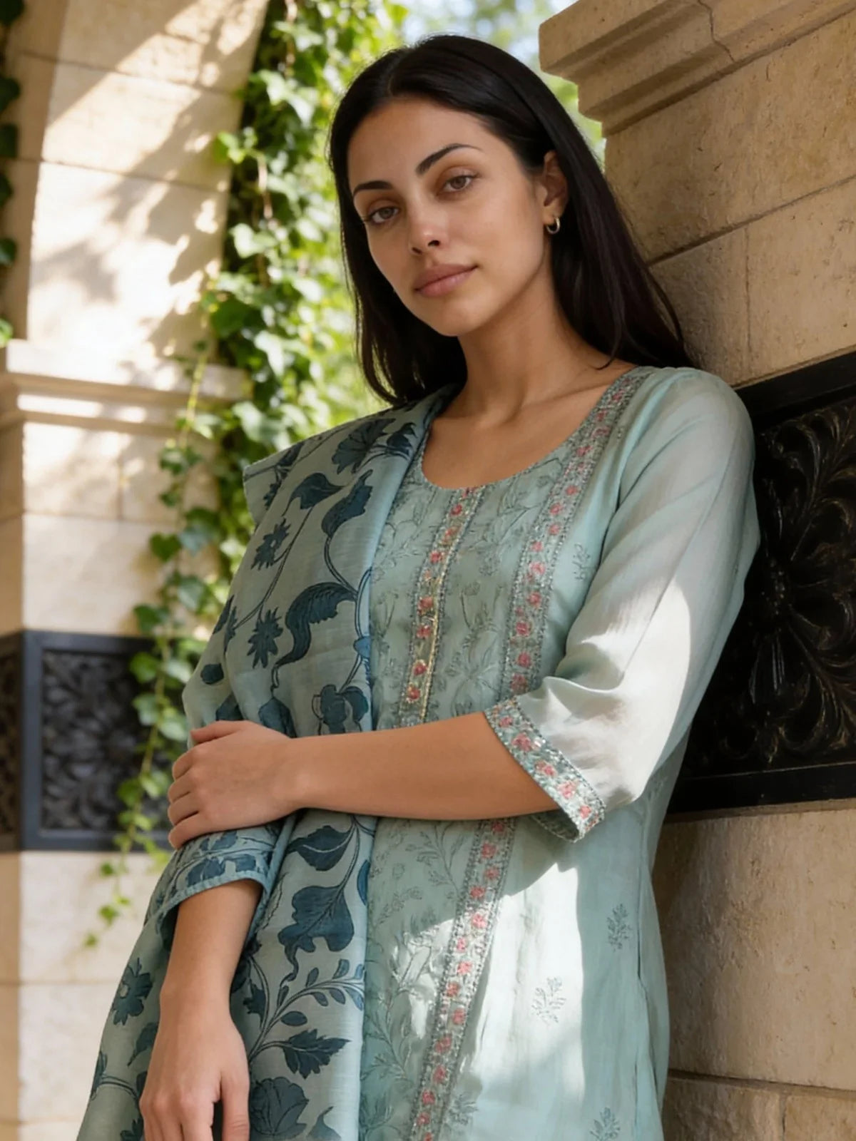 Buy Chanderi Embroidered Anarkali Calf Length Kurta with Pant and Dupatta-Blue