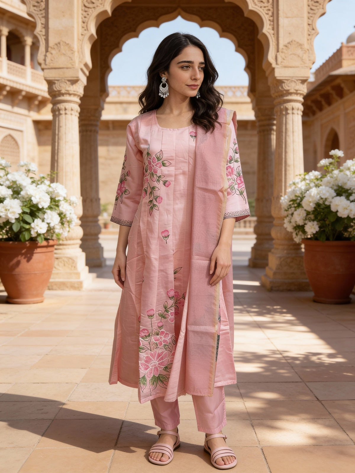 Buy Poly Viscose Emblishment Anarkali Calf Length Kurta and Pant With Dupatta-Pink
