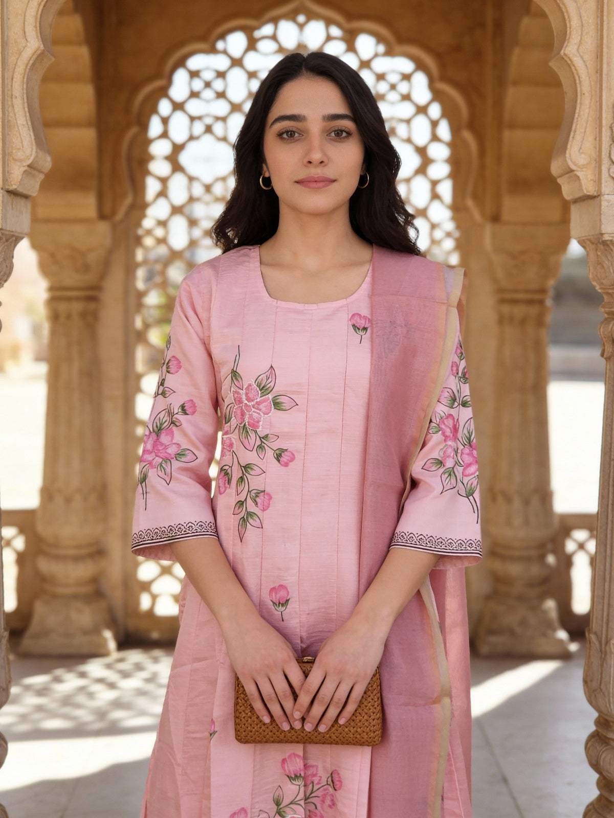 Buy Poly Viscose Emblishment Anarkali Calf Length Kurta and Pant With Dupatta-Pink