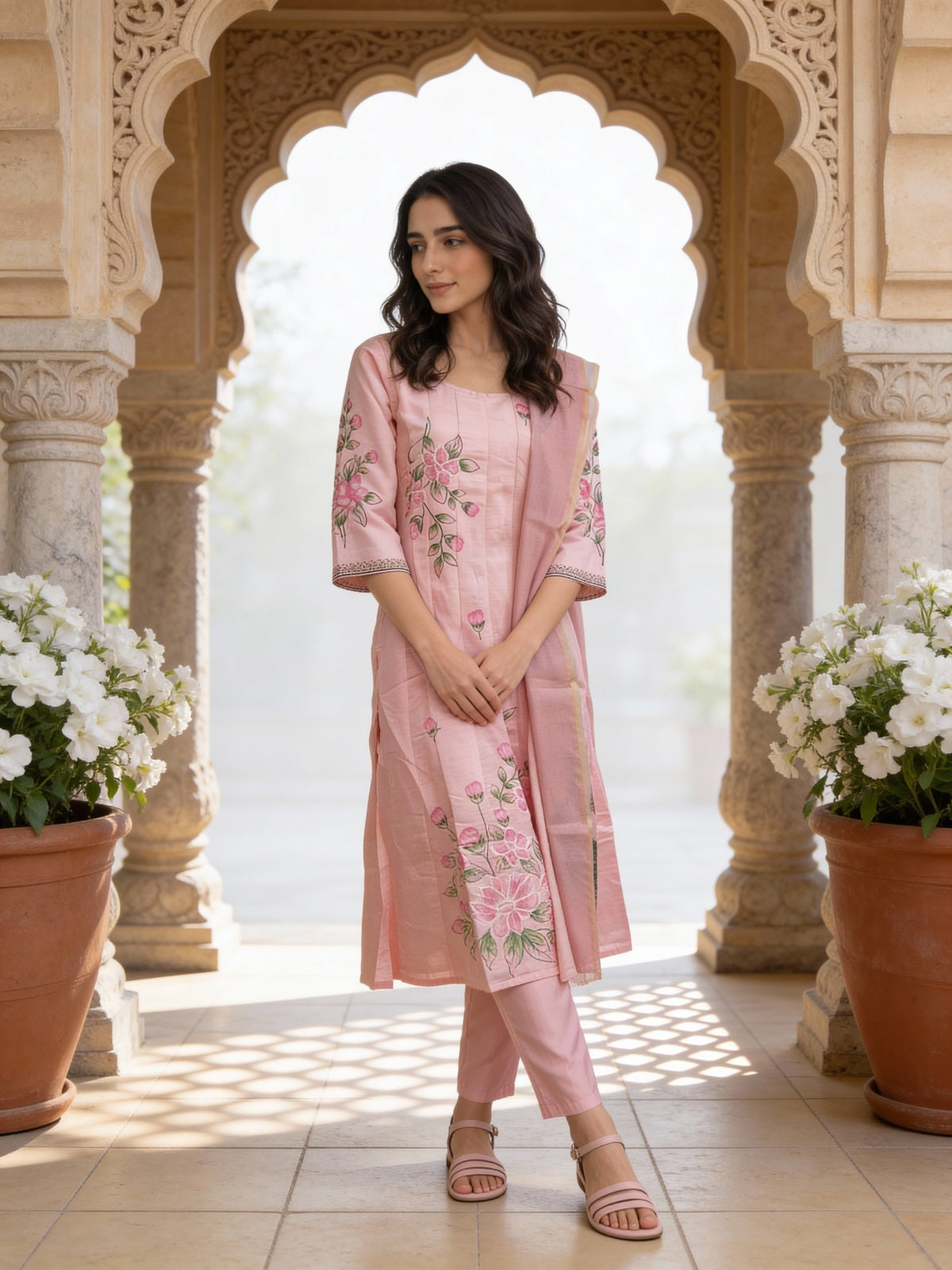 Buy Poly Viscose Emblishment Anarkali Calf Length Kurta and Pant With Dupatta-Pink