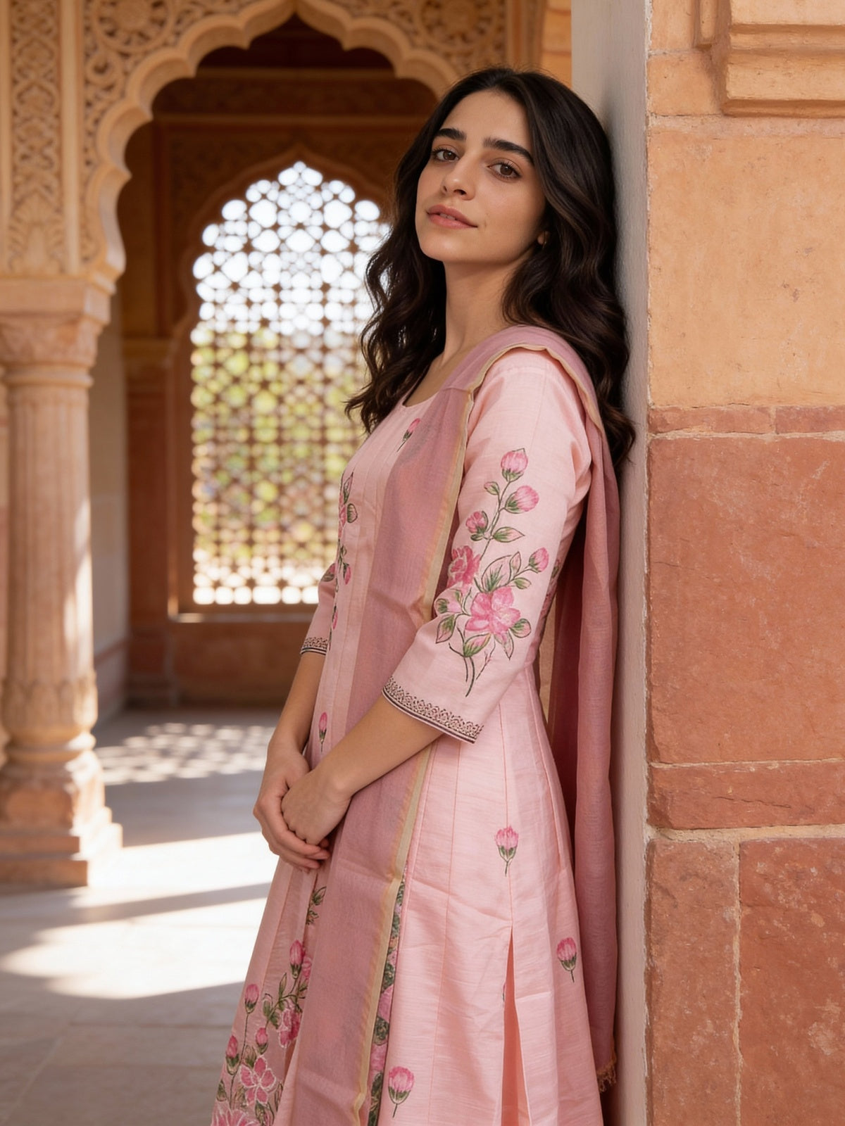 Buy Poly Viscose Emblishment Anarkali Calf Length Kurta and Pant With Dupatta-Pink