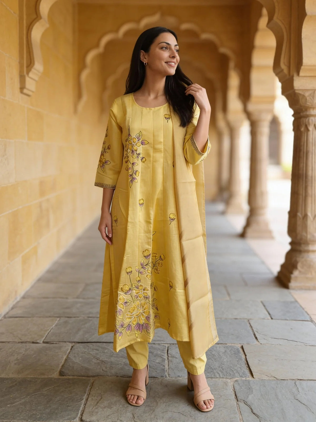 Buy Poly Viscose Emblishment Anarkali Calf Length Kurta and Pant With Dupatta-Yellow