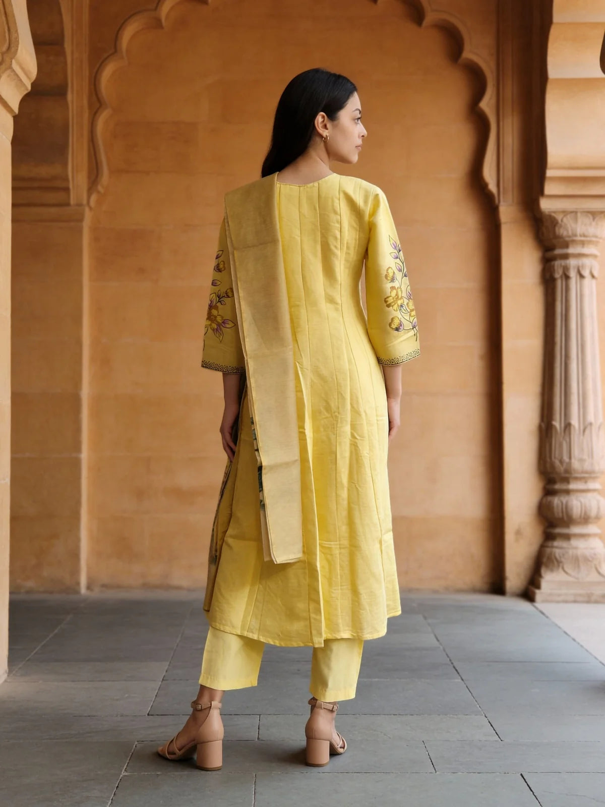 Buy Poly Viscose Emblishment Anarkali Calf Length Kurta and Pant With Dupatta-Yellow