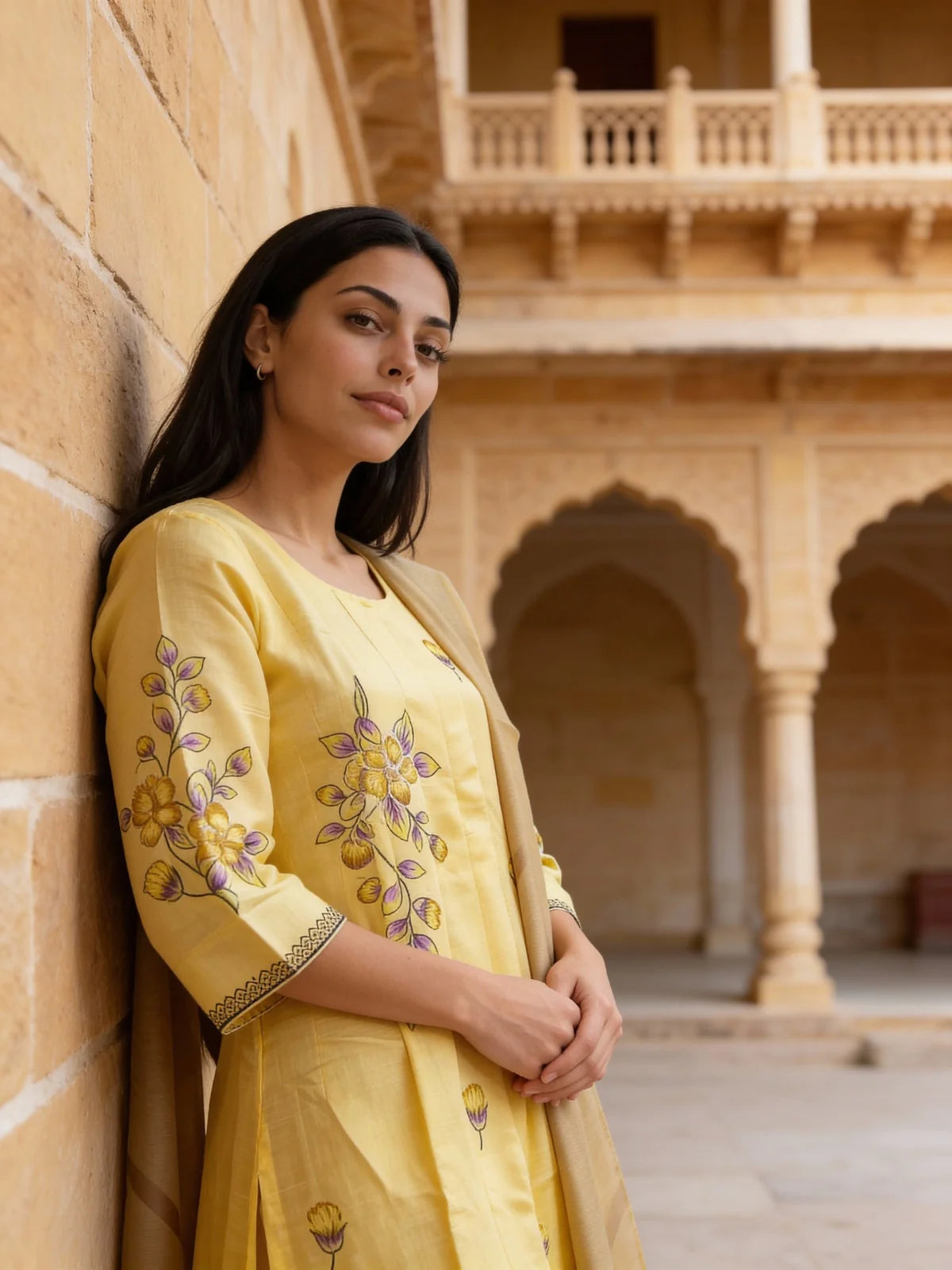 Buy Poly Viscose Emblishment Anarkali Calf Length Kurta and Pant With Dupatta-Yellow