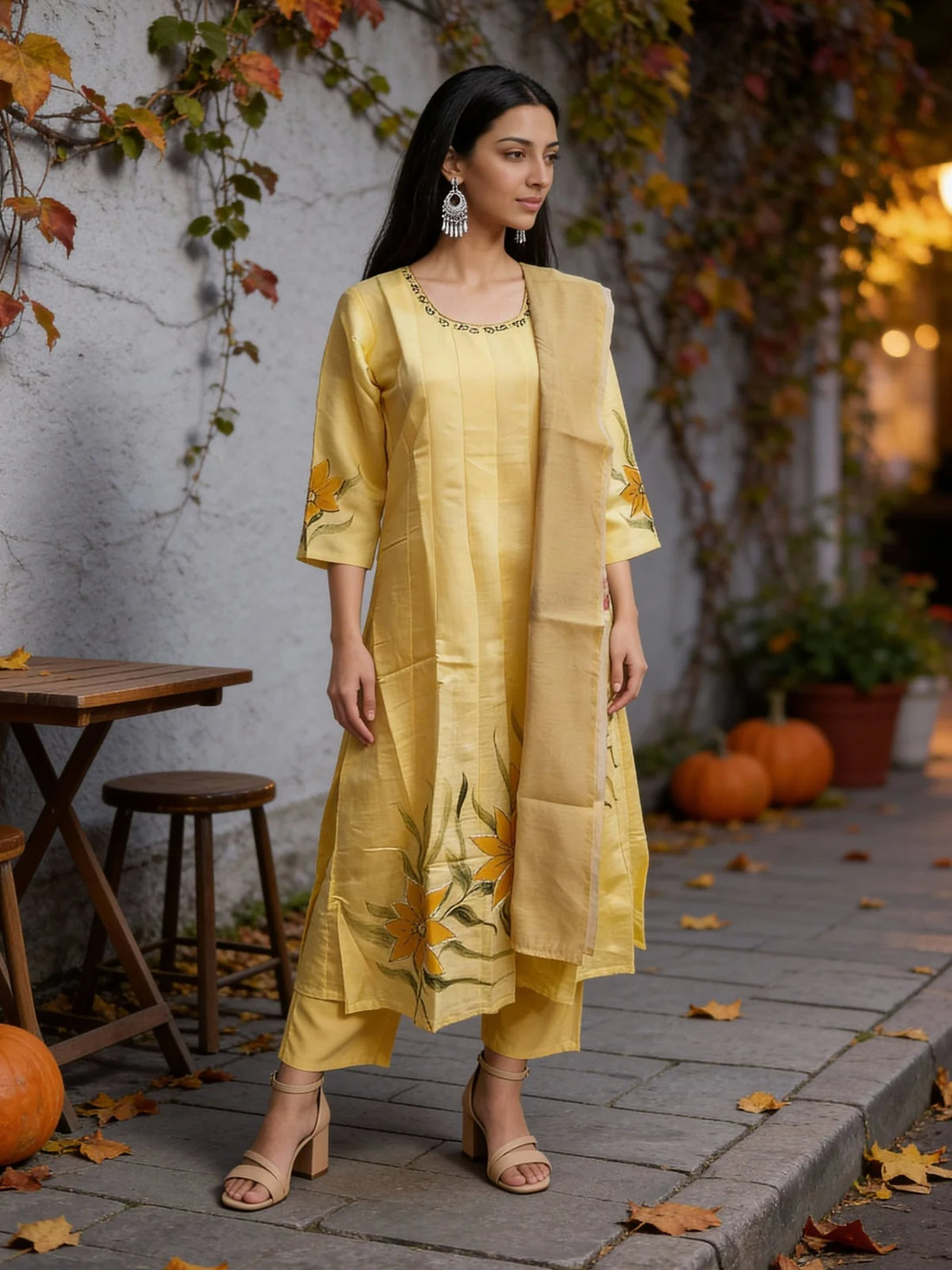 Buy Poly Viscose Emblishment Anarkali Calf Length Kurta and Pant With Dupatta-Yellow