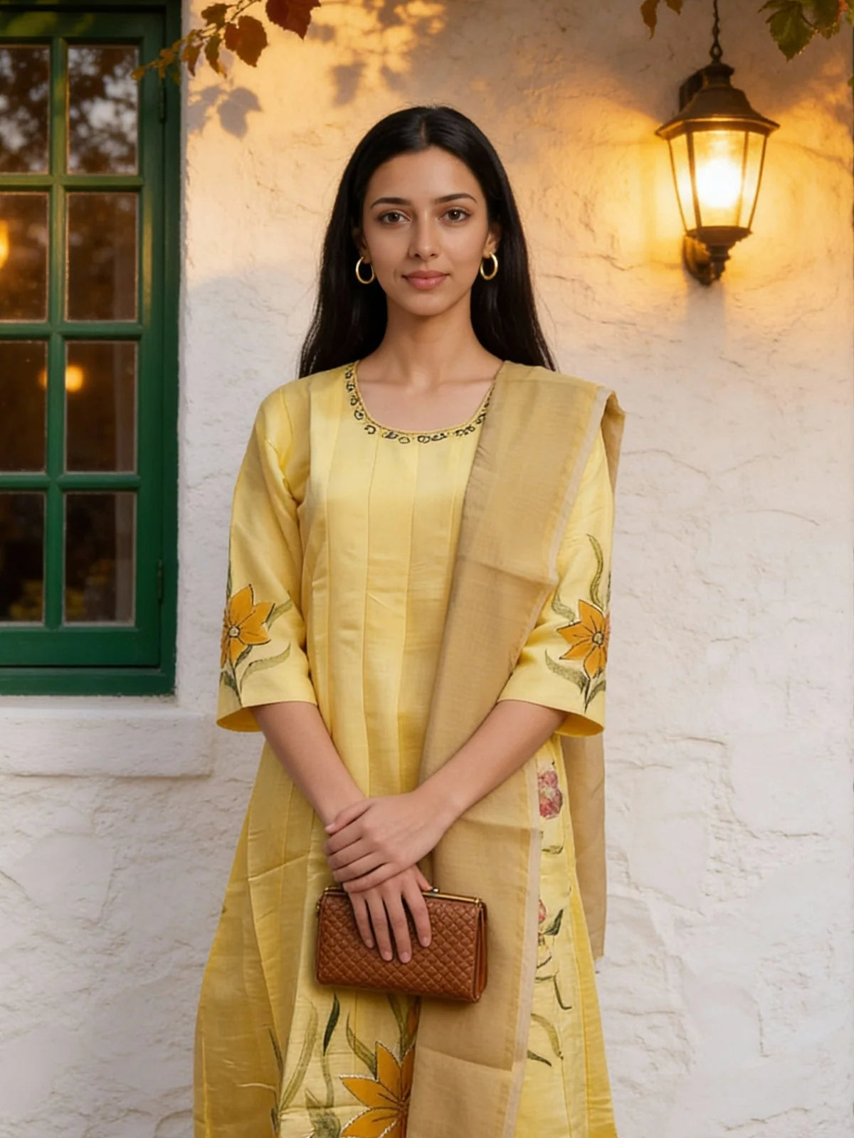 Buy Poly Viscose Emblishment Anarkali Calf Length Kurta and Pant With Dupatta-Yellow