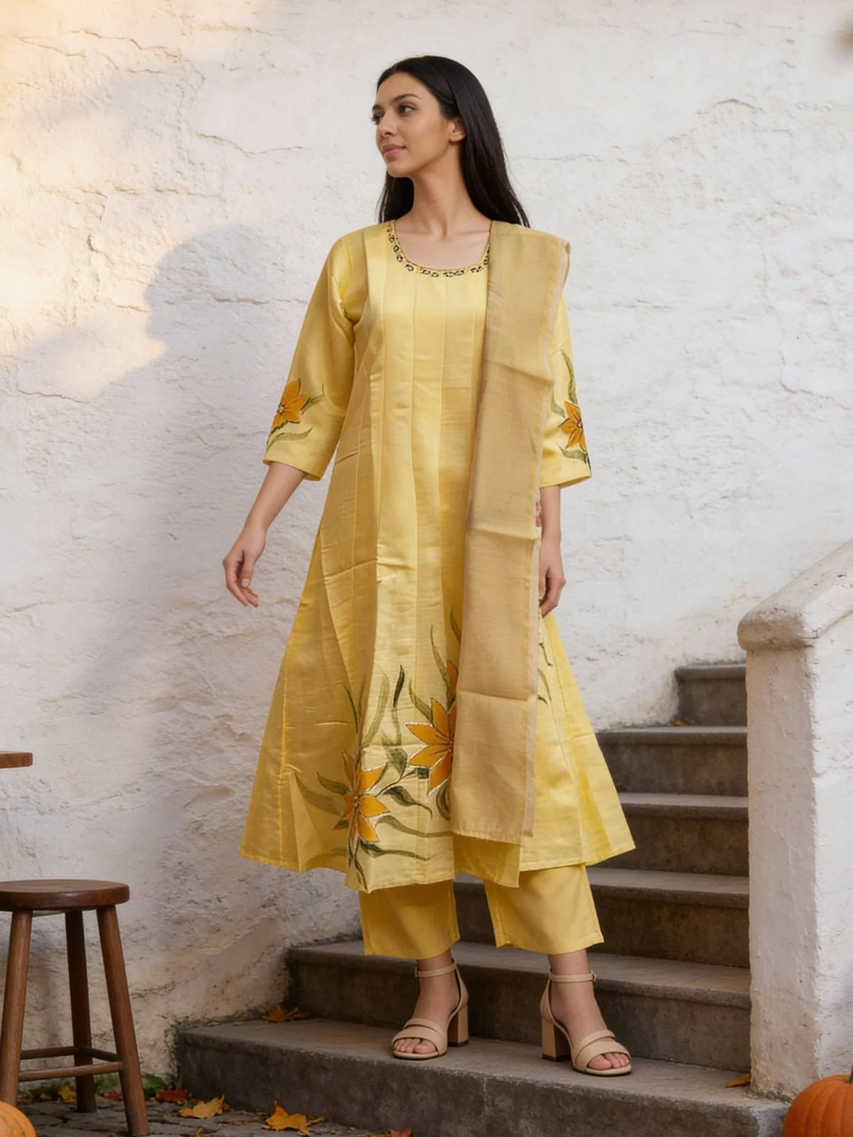 Buy Poly Viscose Emblishment Anarkali Calf Length Kurta and Pant With Dupatta-Yellow