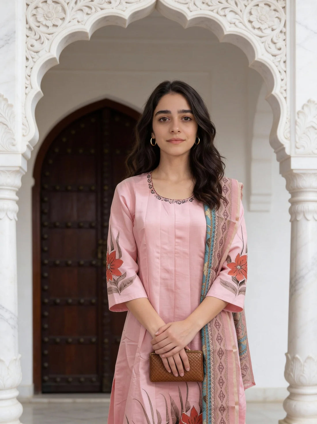 Buy Poly Viscose Emblishment Anarkali Calf Length Kurta and Pant With Dupatta-Pink